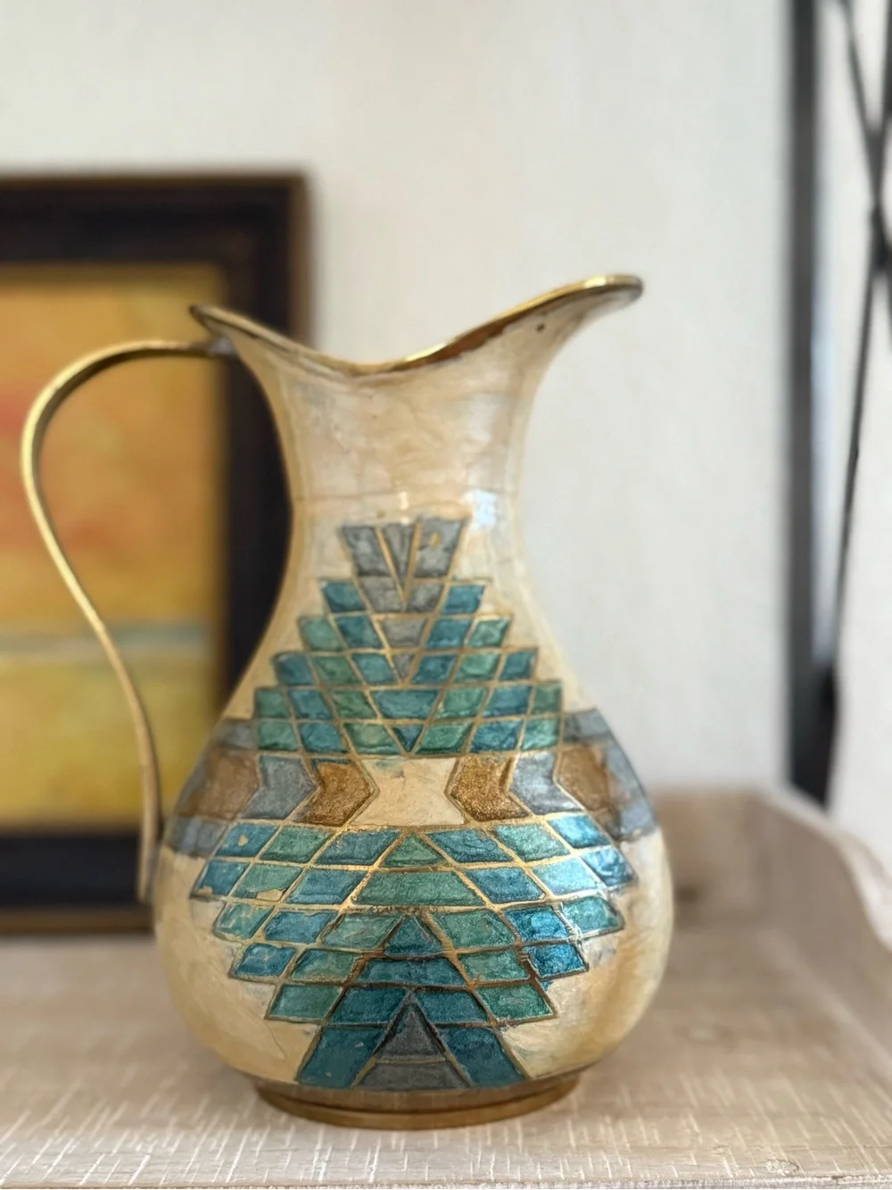Vintage Brass Turquoise and Gold Geometric Pitcher Vase - Picture 5 of 7